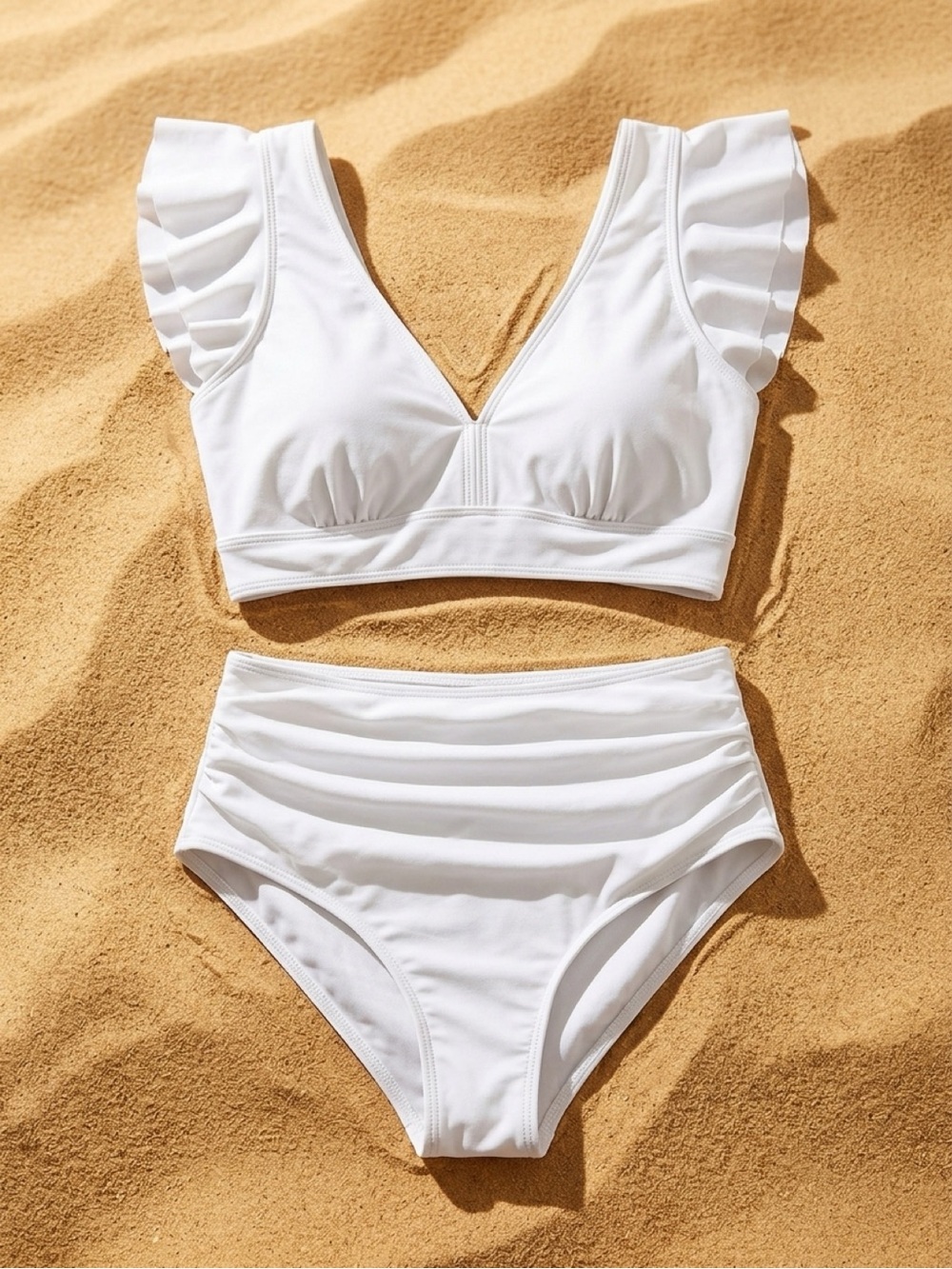 Amazon White Ruffle-Sleeve V-Neck High-Waist Bikini